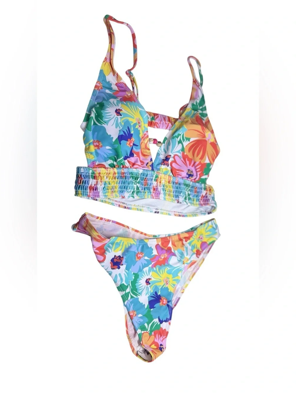 SHEIN Tropical Floral High Waist Bikini Set Vibrant Smocked Crop Top Large